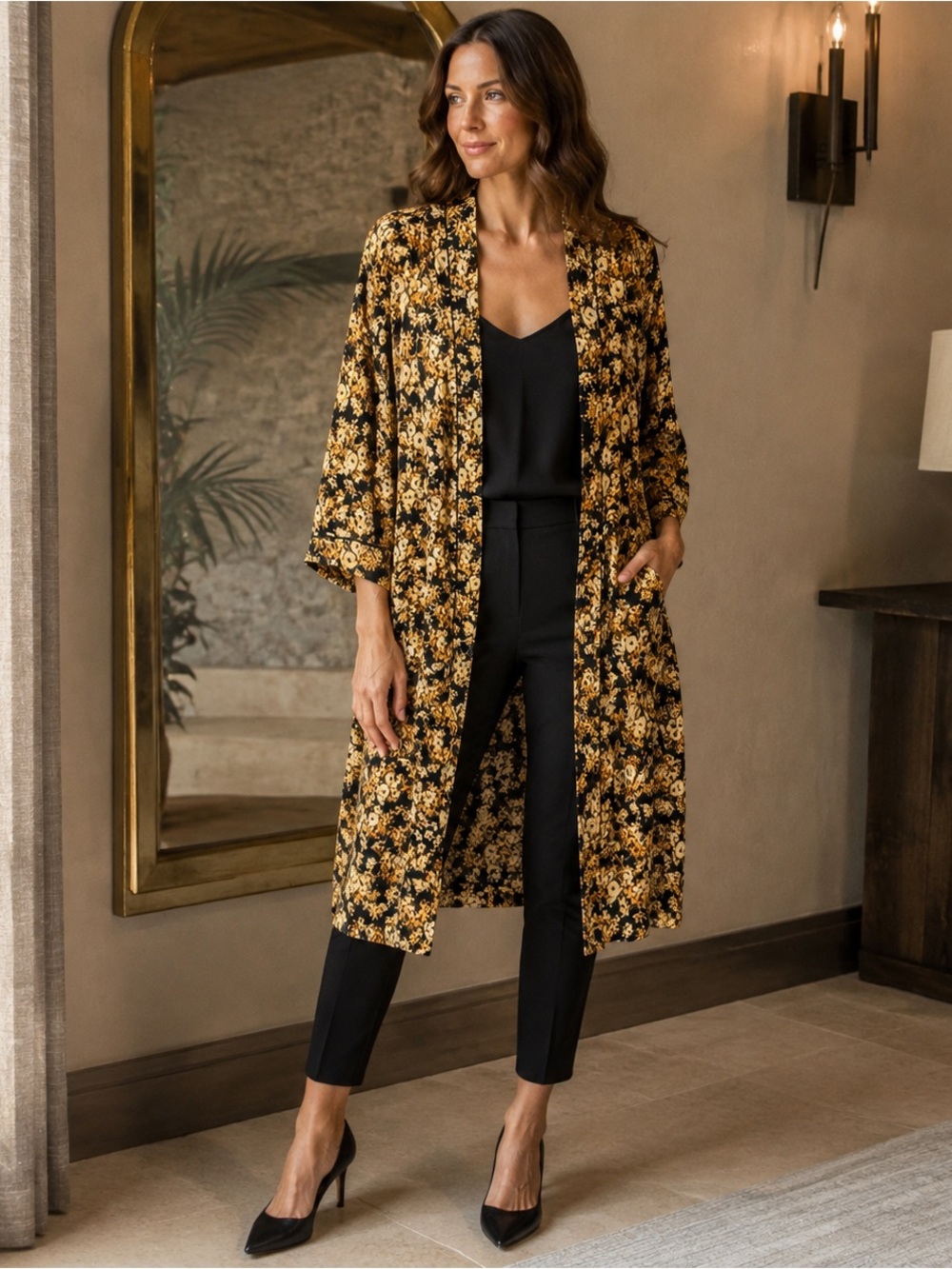Treasure & Bond Black Gold Floral Kimono NWT ONE SIZE